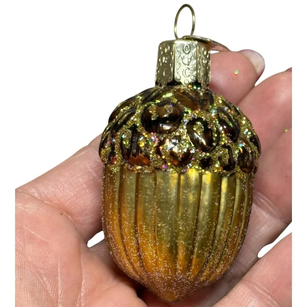 Old World‎ Christmas Glass Blown Acorn Ornament Glitter Woodland Decor 2.5